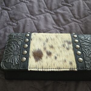 Trinity Ranch Leather Cowhide Studded Wallet Wristlet NWT